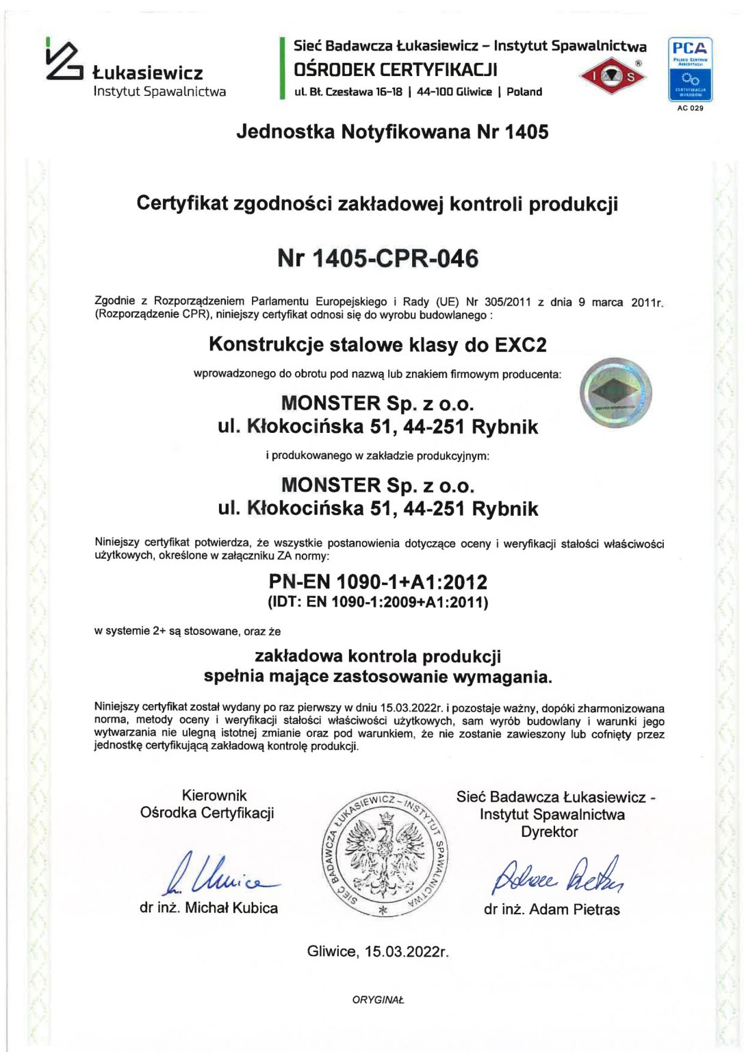 Certyfikat Instytutu Spawalnictwa